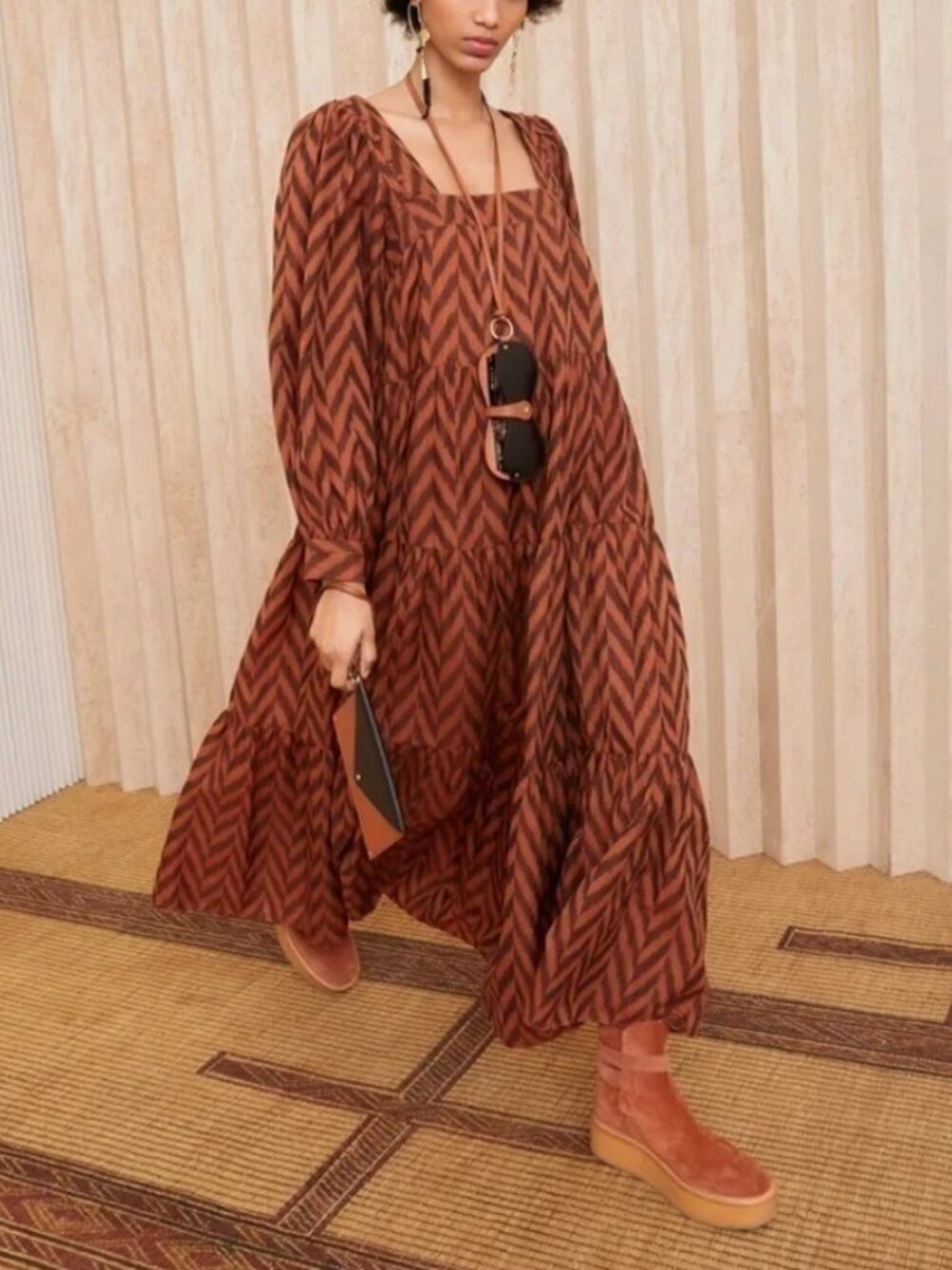 $590 Ulla Johnson Brown Orange Chevron Stripe Georgina Long Dress size 00